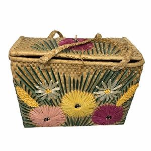 Vintage Woven Straw Floral Basket Bag